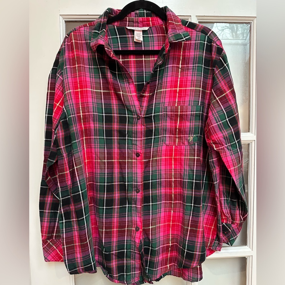 Victoria's Secret Metallic Shimmer Tartan Plaid Button-Up Night Shirt Size Med M